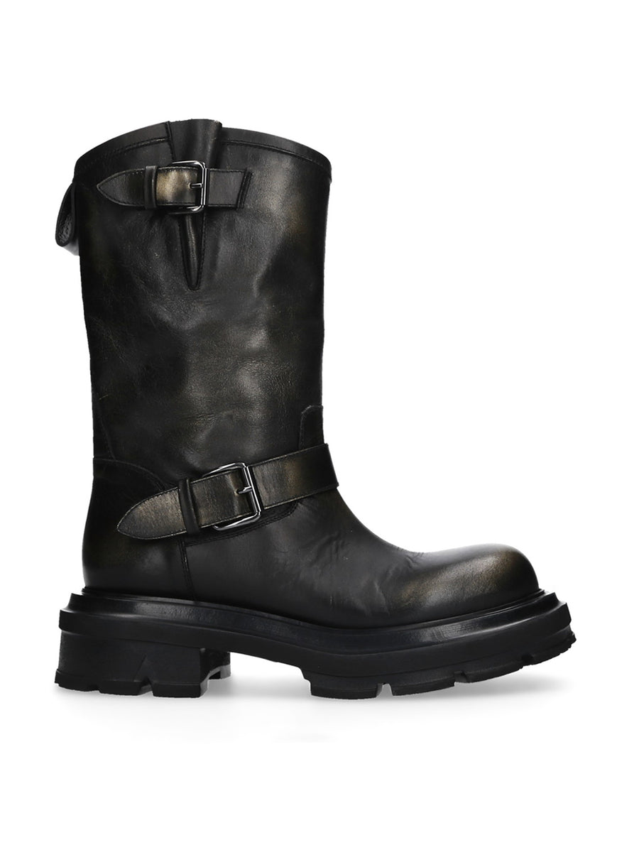 Biker boots in black leather with gold shades 50mm heel