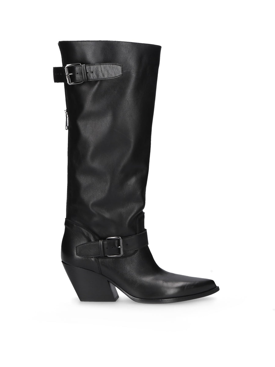 Black Leather Boot with Buckle Straps 70mm heel E4333 - Elena