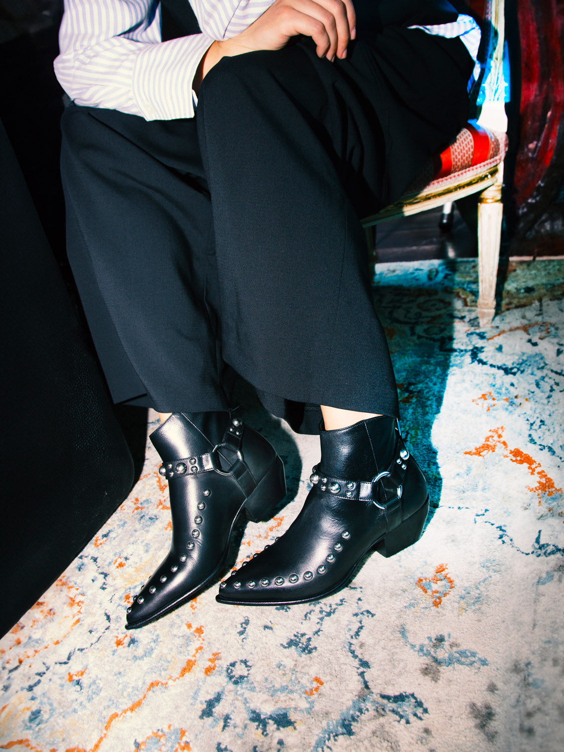 Black Vintage Studded Texan Ankle Boots 50mm heel E3531 Elena